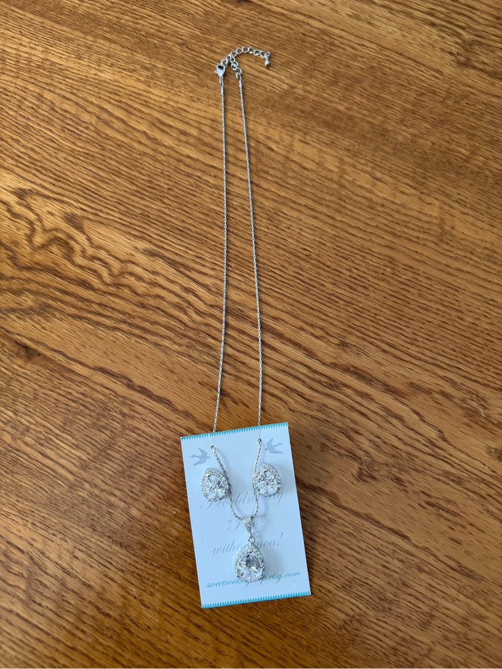 Silver Teardrop Crystal Pendant Necklace and Earrings Set